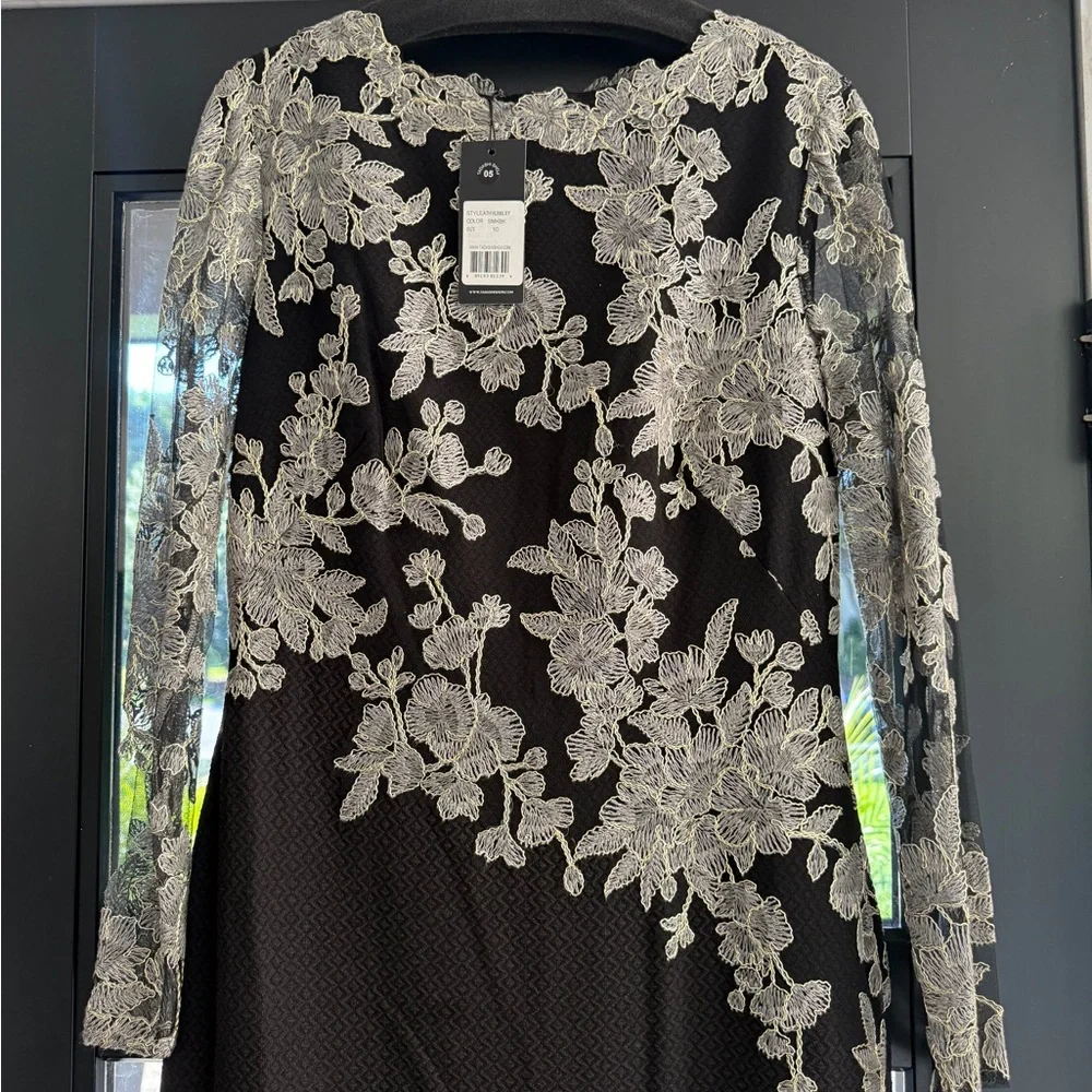Tadashi Shoji Black Gown with Silver Floral Lace
